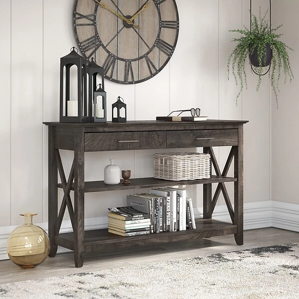 Bush Furniture Key West 47" X 16" Console Table With Drawers And Shelves, Dark Gray Hickory (KWT248GH-03) - Image 2