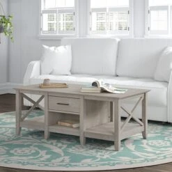 Bush Furniture Key West 47"W X 24"D Coffee Table With Storage, Washed Gray (KWT148WG-03)