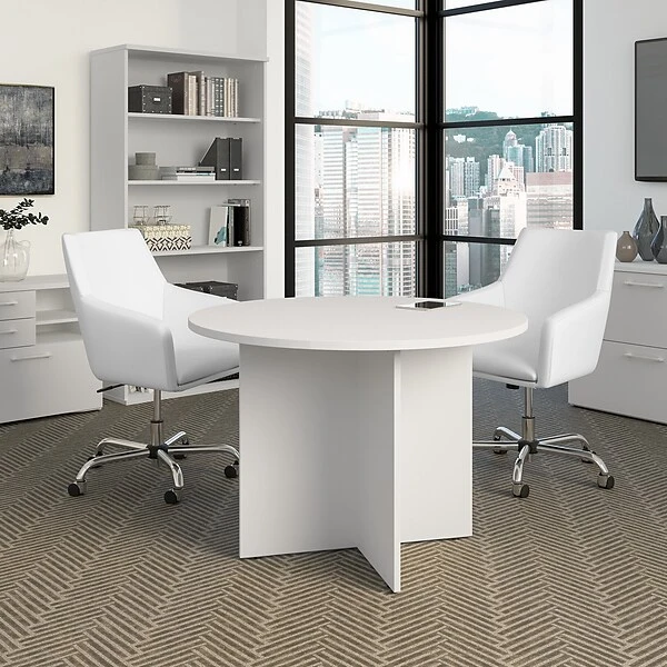 Bush Business Furniture 42W Round Conference Table With Wood Base, White (99TB42RWH)