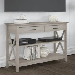 Bush Furniture Key West 47"W X 16"D Console Table With Drawers And Shelves, Washed Gray (KWT248WG-03)