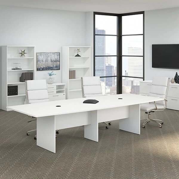 Bush Business Furniture 120W X 48D Boat Shaped Conference Table With Wood Base, White (99TB12048WHK)