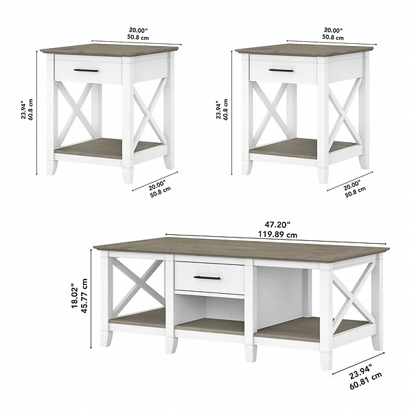 Bush Furniture Key West 47" X 24" Coffee Table With 2 End Tables, Shiplap Gray/Pure White (KWS023G2W) - Image 4