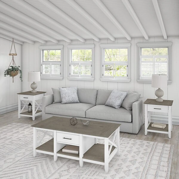 Bush Furniture Key West 47" X 24" Coffee Table With 2 End Tables, Shiplap Gray/Pure White (KWS023G2W)