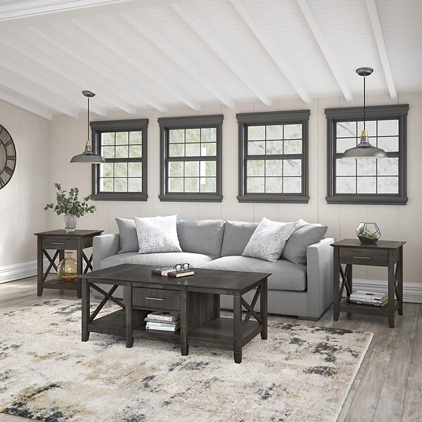 Bush Furniture Key West Coffee Table With 2 End Tables, Dark Gray Hickory (KWS023GH)