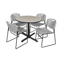 Regency Seating Cain 42" Round Breakroom Table- Maple & 4 Zeng Stack Chairs- Grey