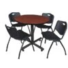 Regency Seating Kobe 42" Round Breakroom Table- Cherry & 4 'M' Stack Chairs- Black
