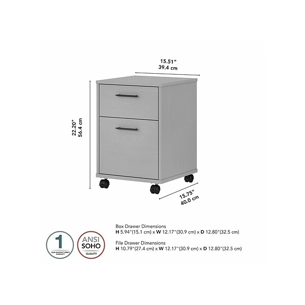 Bush Furniture Key West 2-Drawer Mobile File Cabinet, Letter/Legal, Cape Cod Gray, 15.51" (KWF116CG-03) - Image 4