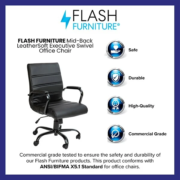 Flash Furniture Whitney Ergonomic LeatherSoft Swivel Mid-Back Executive Office Chair, Black/Black (GO2286MBKBK) - Image 3