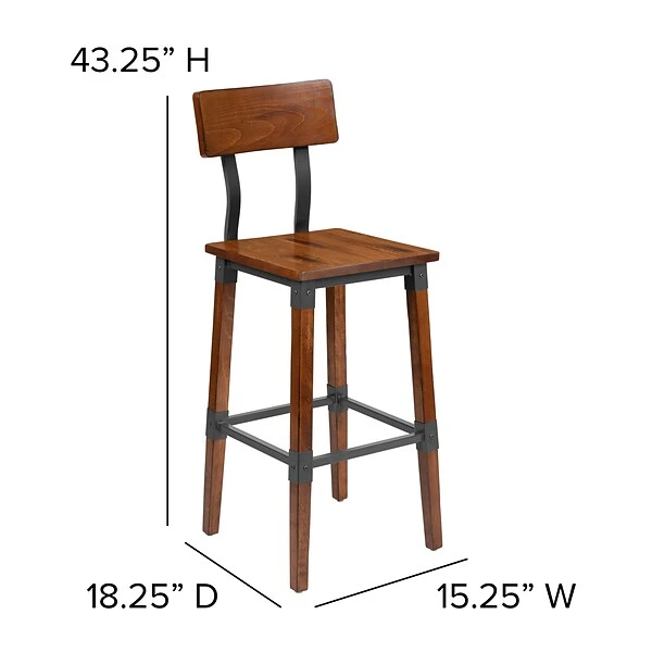 Flash Furniture Industrial Wood Dining Barstool, Rustic Antique Walnut, 2-Pieces (2XUDGW0236B) - Image 5