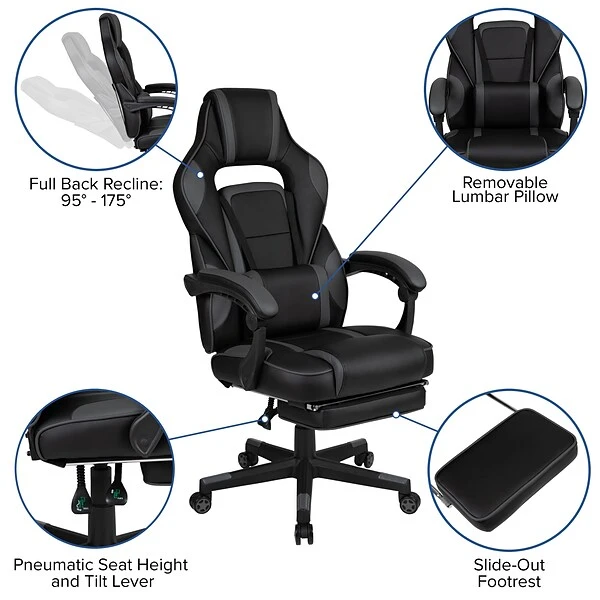 Flash Furniture X40 Ergonomic LeatherSoft Swivel Gaming Massaging Chair, Black/Gray (CH00288BK) - Image 4