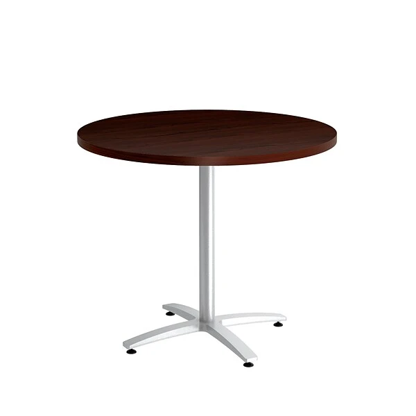 Union & Scale Workplace2.0™ Multipurpose 36" Round Mahogany Laminate Seated Height Silver Base Table (54787)
