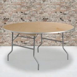 Flash Furniture 60'' Round Heavy Duty Birchwood Folding Banquet Table With Metal Edges, Silver