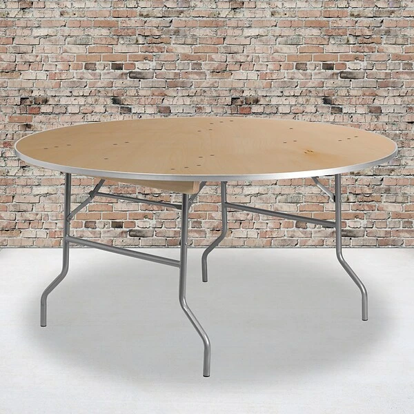Flash Furniture 60'' Round Heavy Duty Birchwood Folding Banquet Table With Metal Edges, Silver