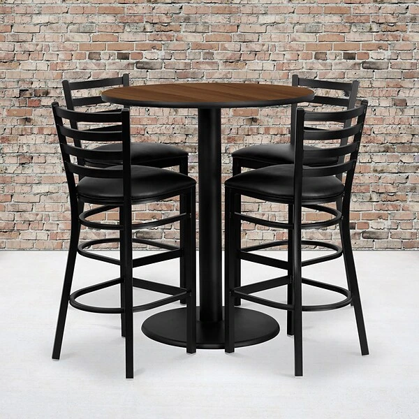 Flash Furniture 36'' Round Table Set W/4 Ladder Back Metal Bar Stools, Walnut /Black (MD0011)