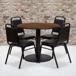Flash Furniture 36'' Round Walnut Laminate Table Set With Round Base And 4 Black Trapezoidal Back Banquet Chairs (RSRB1004)