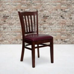 Flash Hercules Series Wooden Vertical Slat Back Restaurant Chair, Mahogany Finish W/Burgundy Seat